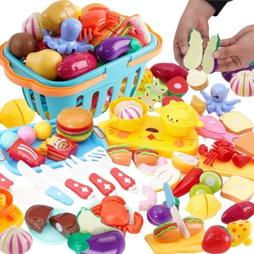 Kinderküche Spielküche Zubehör 61PCS, Spielzeug Gemuese und Obst zum Schneiden, Lebensmittel Kinderküche mit Einkaufskorb, Mini-Geschirr aus Kunststoff und Messer, Küchenspielzeug für Mädchen Junge von Nukdey