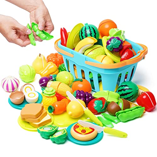 Kinderküche Zubehör Spielzeug 75PCS, Obst und Gemüse zum Schneiden, Spielküche Zubehör Lebensmittel, Lebensmittel Kinderküche für Mädchen Junge ab 3 Jahre von Nukdey