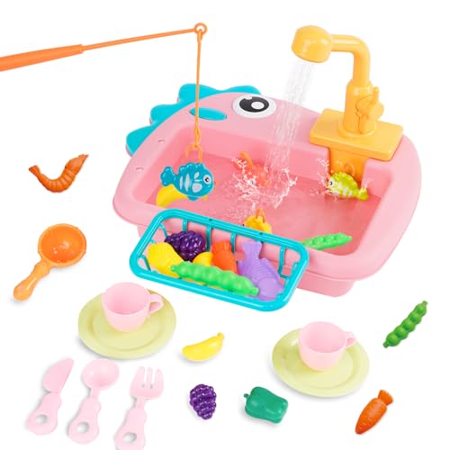 Küchenspüle Spielzeug Set mit Wasserkreislauf Geschirrspüler und Waschbecken 2 in 1 Kinderspielzeug Rollenspiel mit Angelspiel,Schneidspielzeug,Küchenutensilien,Wasserhahn,Play Food für Kinder(Rosa) von Nukdey