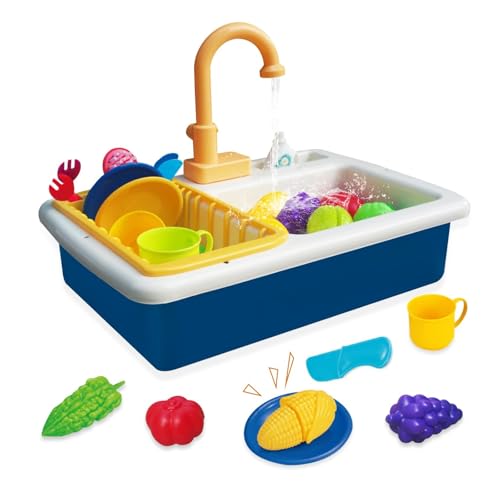 Küchenspüle Spielzeug Set mit Wasserkreislauf, Spielspüle Kinder mit Fließendem Wasser, Kinderküche Zubehör, Obst und Gemüse Spielzeug zum Schneiden, Rollenspiel für Kinder ab 3 Jahre(Blau) von Nukdey