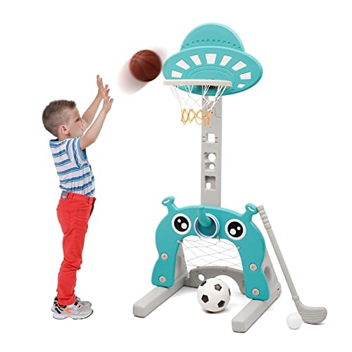 Nukdey Kinder Basketballkorb Stand Set mit Basketball Fußball Ring Werfen Golfspiel | 4 in1 Sport-Aktivitäts-Center Indoor-und Outdoor-Geschenke Spielzeug(Grün) von Nukdey