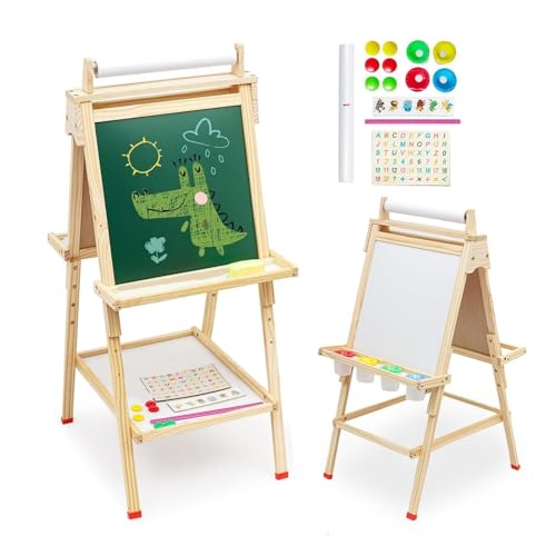 Kinder Staffelei 3 in 1 Kinder Spiel-Tafel aus Holz mit Papierrolle Doppelseitige Tafel und Whiteboard Höhenverstellbar Standtafel Kindertafel mit Ablagefach Buchstaben Zahlen und anderes Zubehör von Nukdey