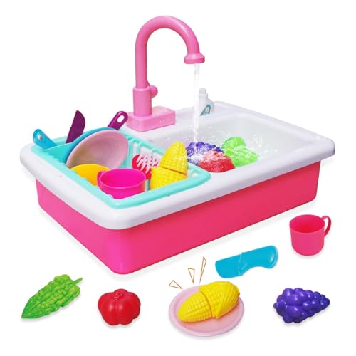 Küchenspüle Spielzeug Set mit Wasserkreislauf, Spielspüle Kinder mit Fließendem Wasser, Kinderküche Zubehör, Obst und Gemüse Spielzeug zum Schneiden, Rollenspiel für Kinder ab 3 Jahre (Rosa) von Nukdey