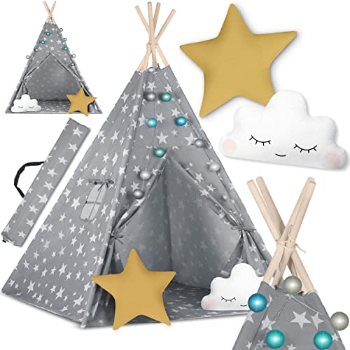 Kinder Indianer Tipi Zelt Nukido - Montessori Stil, Naturmaterialien, 2 Kissen, Bodenmatte, Lichterketten & Abdeckung inklusive - Ideal für Kinderzimmer und Gartenabenteuer von Nukido