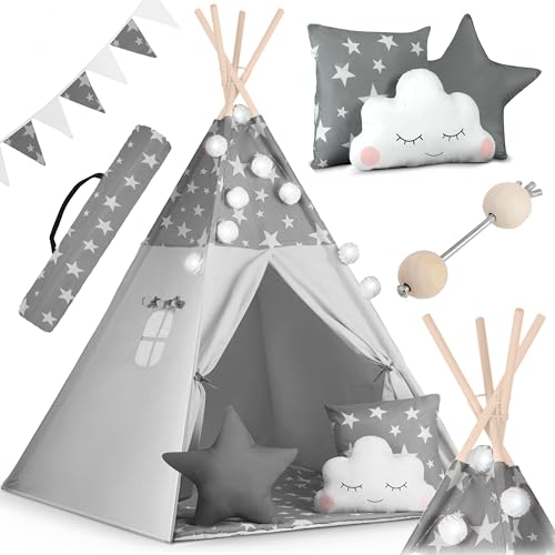 NUKIDO Kinderzelt Tipi Zelt Baumwolle Holzrahmen Bezauberndes Design Entwicklungsförderung Leicht zu reinigen 120x120x165cm Girlanden Lichter Grau von Nukido