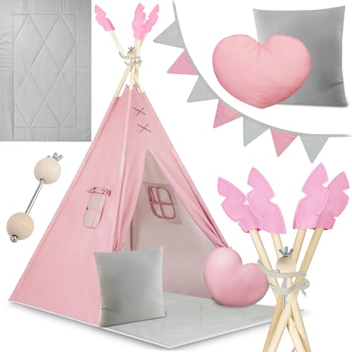 Nukido - Spielzelt für Kinder - Teepee - Spielhaus - mit Holzrahmen, Halterung und Baumwollbezug - Großes Set - mit Kissen, weicher Spielmatte, Fensterrollo, Girlande - Faltbar - Rosa, Grau von Nukido