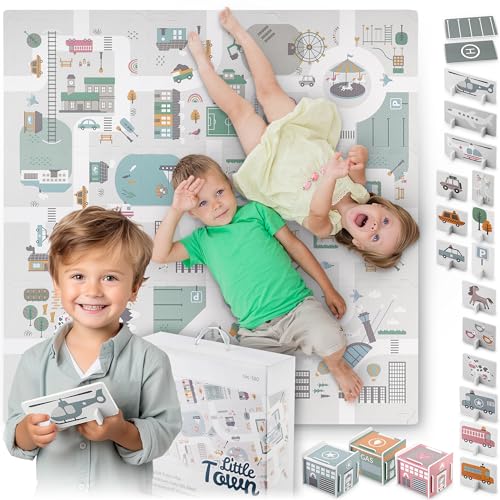 Nukido - Puzzle-Spielmatte - für Babys und Kinder - mit Straßen, Stadmotiv und Autofiguren - 105x105 cm - Eva-Schaumstoff - Krabbelmatte, Teppich, Boden - rutschfest, Faltbar - Bunt, Pastellfarben von Nukido