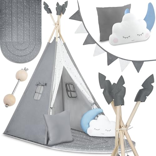 Nukido - Spielzelt für Kinder - Teepee - Spielhaus - mit Holzrahmen, Halterung und Baumwollbezug - Großes Set - mit Kissen, weicher Spielmatte, Fensterrollo, Girlande - Faltbar - Grau von Nukido