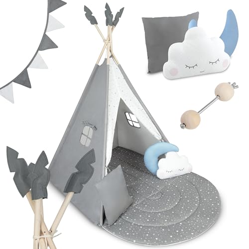 Nukido - Spielzelt für Kinder - Teepee - Spielhaus - mit Holzrahmen, Halterung und Baumwollbezug - Großes Set - mit Kissen, weicher Spielmatte, Fensterrollo, Girlande - Faltbar - Grau von Nukido