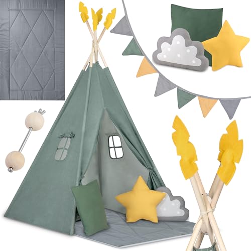 Nukido - Spielzelt für Kinder - Teepee - Spielhaus - mit Holzrahmen, Halterung und Baumwollbezug - Großes Set - mit Kissen, weicher Spielmatte, Fensterrollo, Girlande - Faltbar - Grün von Nukido