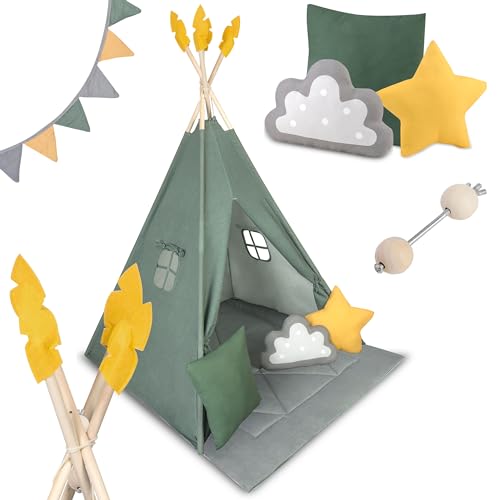 Nukido - Spielzelt für Kinder - Teepee - Spielhaus - mit Holzrahmen, Halterung und Baumwollbezug - Großes Set - mit Kissen, weicher Spielmatte, Fensterrollo, Girlande - Faltbar - Grün von Nukido