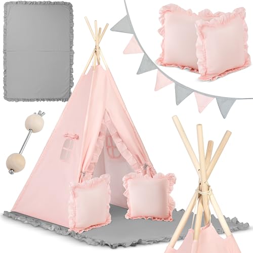 Nukido - Spielzelt für Kinder - Teepee - Spielhaus - mit Holzrahmen, Halterung und Baumwollbezug - Großes Set - mit Kissen, weicher Spielmatte, Fensterrollo, Girlande - Faltbar - Hellrosa, Grau von Nukido