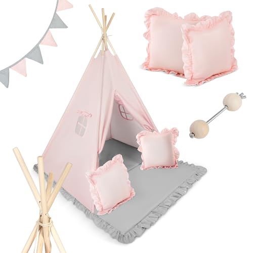 Nukido - Spielzelt für Kinder - Teepee - Spielhaus - mit Holzrahmen, Halterung und Baumwollbezug - Großes Set - mit Kissen, weicher Spielmatte, Fensterrollo, Girlande - Faltbar - Hellrosa, Grau von Nukido