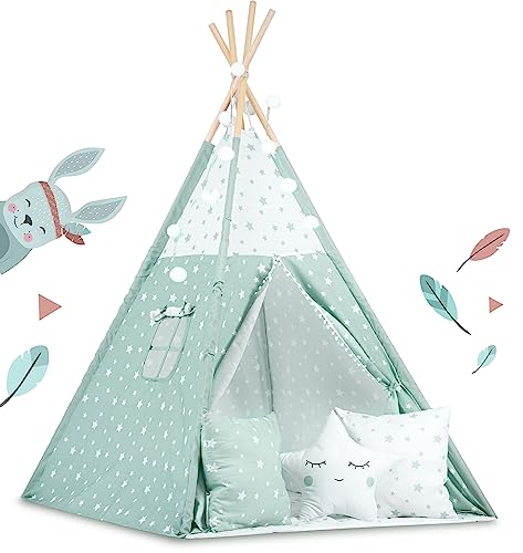 Nukido Tipi Zelt für Kinder Teepee Girlande Kissen - Zelt - Kinderzelt - Kinderspielhaus - Spielzelt - Kinderhaus - Kinderzelt für Drinnen und Draußen - Spielmatte Kinder - Weiß - Grün von Nukido