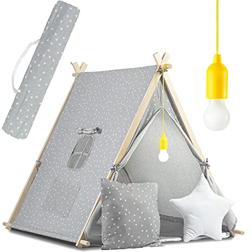 Nukido Tipi Zelt für Kinder aus Baumwolle - Indoor & Outdoor Spielzeug - Fenster Zwei Kissen - Isoliermatte - LED Lampe - Wigwam Indianerzelt Pappelholz 116 x 107 x 110 cm Grau von Nukido