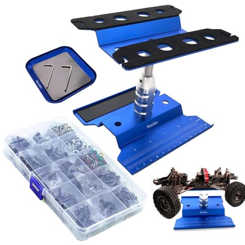 Aluminium RC Auto Reparatur Arbeitsständer Reparatur Werkzeugset 360 Grad Drehung und 610 Stück RC Schrauben Kit für 1/8 1/10 1/12 1/16 1/18 RC Auto LKW Waage Crawler (RC Arbeitsständer + RC Schrauben von Nuofany