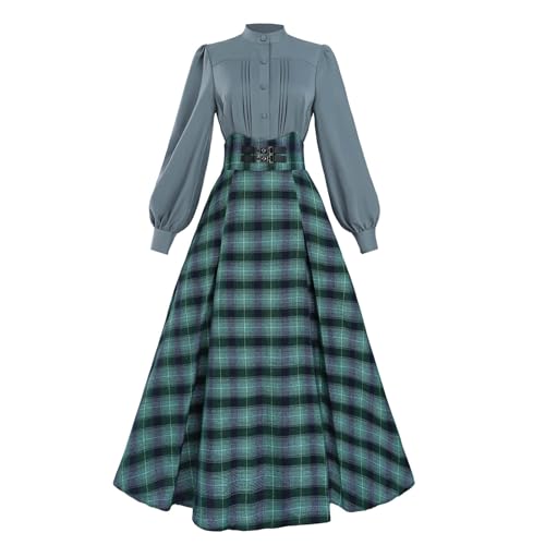 Nuoqi Viktorianisches Kleid für Damen, kariert, blau, edwardianische Bluse mit kariertem Rock, Größe L von Nuoqi