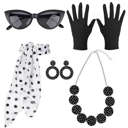 Kostümzubehör – Retro-Damen-Accessoires, Damen-Stirnband-Set, 50er-Jahre-Stirnband-Halskette, 5-teiliges Retro-Disco-Outfit, Damen-Outfit, Haarband, Katzenaugenbrille, Kostümzubehör für Mädchen von Nuyhadds