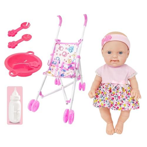 Nuyhadds Puppe mit Kinderwagen-Set,Puppe mit Kinderwagen - Spielkinderwagen für Puppen mit Fütterungszubehör - 10-Zoll-Puppenspielset mit Kinderwagen-Puppenzubehör Rollenspielset für Kinder Mädchen ab von Nuyhadds