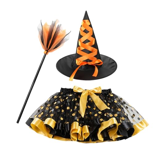 Halloween-Mädchen-Tutu-Kostüm,Halloween-Kostüm für Mädchen, Festliches Kleid-Outfit-Set mit Hut und Besen, Mädchen-Cosplay-Kleidung für Schulspiele, Halloween-Partys, Bühnenauftritte, Geburtstagsfeier von Nuyhgtr