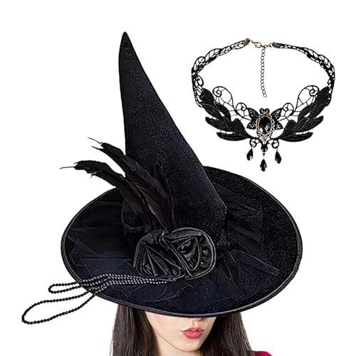 Nuyhgtr Cosplay Hüte Hexenhut Spitze Spitze Hut Hut mit Feder Rose Verziert Cosplay Hut Edelstein Halskette Hut Karneval Cosplay Hut Maskerade Hexenhut Elegant Spitze Kostüm Hut von Nuyhgtr