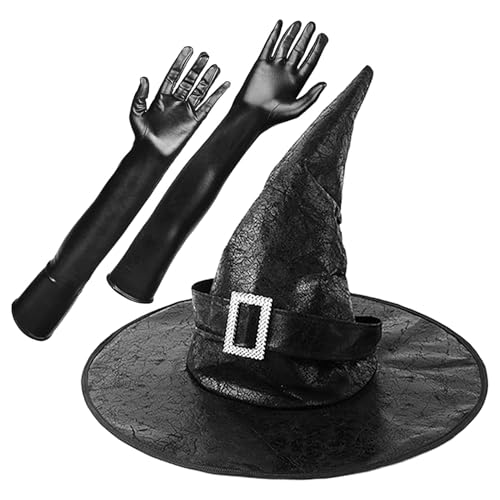 Nuyhgtr Halloween Hexenhut für Frauen, Halloween Hut Cosplay Hexenhut, Zauberer Hut Foto Requisiten, Schwarz Hüte, Spitzhut mit langen Handschuhen, Frauen Hexenhut mit Handschuhen von Nuyhgtr