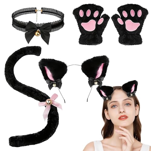 Katze Cosplay Kostüm | Cosplay Kopfschmuck Katze Kostüm Kit mit Klauenhandschuhen - Flauschige Kostüme Cosplay Zubehör Kleidung Set für Halloween Karneval von Nuyhgtr