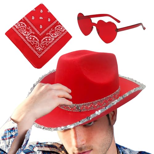 Nuyhgtr Weihnachts-Cowgirl-Hut, Westernhut, Cowboy, 3 x Cowgirl-Vintage-Bandana, Herz-Brille, verstellbar, Weihnachtsfeier, Western-Kostüm-Zubehör Nuyhgtr Weihnachts-Cowgirl-Hut, Westernhut, Cowboy, 3 x Cowgirl-Vintage-Bandana, Herz-Brille, verstellbar, Weihnachtsfeier, Western-Kostüm-Zubehör von Nuyhgtr