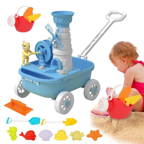 Nuytghr Beach Toys, 14 Piece Sand Castle Building Kit, Marine Animal Molds, Trolley Cart, 25x16x26cm, Water Wheel, Watering Can, Shovels and Rakes, Outdoor Play Set for Boys von Nuytghr