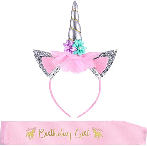 Nv Wang Einhorn Haarband,Einhorn Stirnband Gold Blumen Horn Haarreif mit Birthday Girl Schärpe für Kinder Erwachsene Geburtstag Ostern Party Cosplay Kostüm Zubehör von Nv Wang