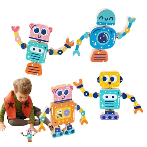 Nybhyjka Roboterbausatz, Roboterbauspielzeug | Niedliches pädagogisches Konstruktionsspielzeug aus Holz,Lernblöcke, Stem-Kits, 4-teiliges kreatives Spiel-Roboter-Bauset für Jungen und Mädchen von Nybhyjka