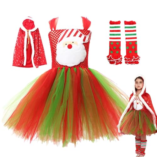 Nybhyjka Weihnachtsmann-Tutu für Mädchen, ärmellos, mehrlagig, Tüll-Tutu-Rock mit Umhang, Beinwärmer, Kostüm, Verkleidung für 2–12 Jahre alte Mädchen für Cosplay von Nybhyjka