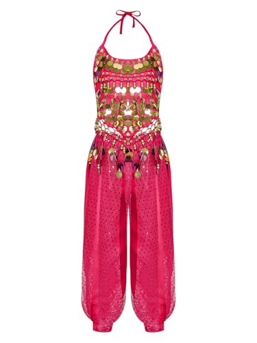 Nyeemya 2 Stück Kinder Mädchen Bauchtanz Kostüme Indien Tanzkleidung Set Pailletten Quaste Top mit Hose Cosplay Verkleidung Hot Pink 92-104 von Nyeemya