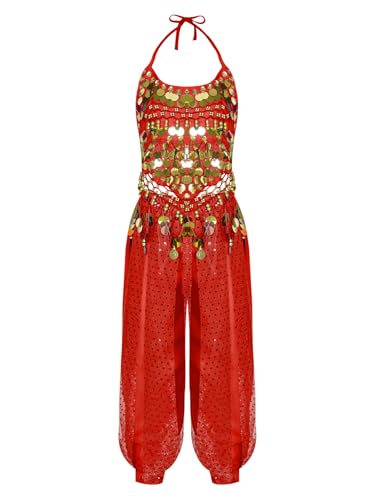 Nyeemya 2 Stück Kinder Mädchen Bauchtanz Kostüme Indien Tanzkleidung Set Pailletten Quaste Top mit Hose Cosplay Verkleidung Rot 134-152 von Nyeemya