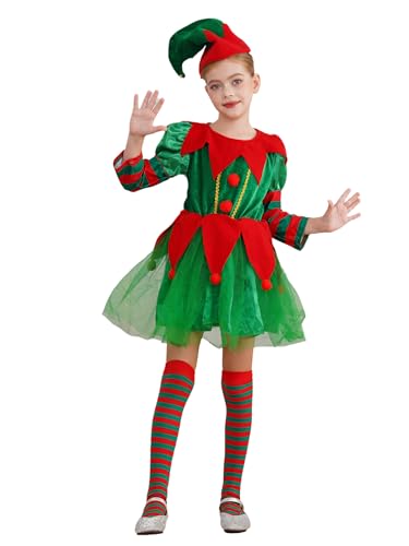 Nyeemya 3tlg Mädchen Weihnachtself Kostüm Set Weihnachts Outfits Langarm Kleid mit Elf Hut und Streifen Strümpfe Set Xmas Party Kostüm Grün 122-128 von Nyeemya