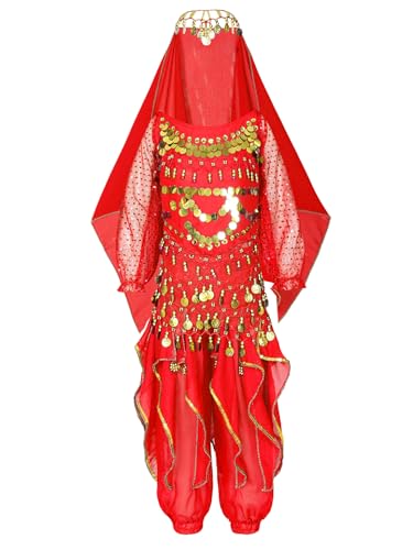 Nyeemya 4 Stück Kinder Mädchen Bauchtanz Kostüme Indien Tanzkleidung Set Pailletten Top Hose Hip Schal Kopftuch Cosplay Verkleidung Rot 92-98 von Nyeemya