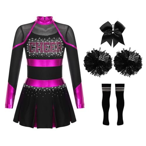 Nyeemya 4er Set Cheerleadering Kostüm Kinder Cheer Outfit Kleid mit Pompoms Socken und Kopfschmuck für Karneval Party Hot Pink & Schwarz 122-128 von Nyeemya