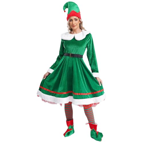 Nyeemya 5 Teiliges Damen Weihnachtselfen Kostüm Weihnachtskleid mit Gürtel Strümpfe Schuhe und Hut Set Weihnachts Cosplay Kostüm Grün 3XL von Nyeemya