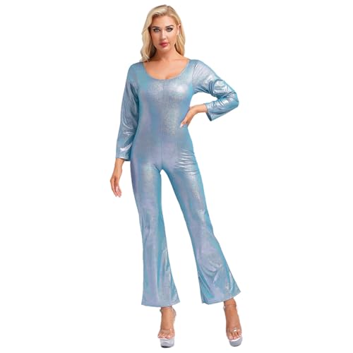 Nyeemya 70er Jahre Disco Kostüm Damen Overall Einteiler Jumpsuit Frauen Glänzende Metallic Tanzbody für Halloween Party Blau L von Nyeemya