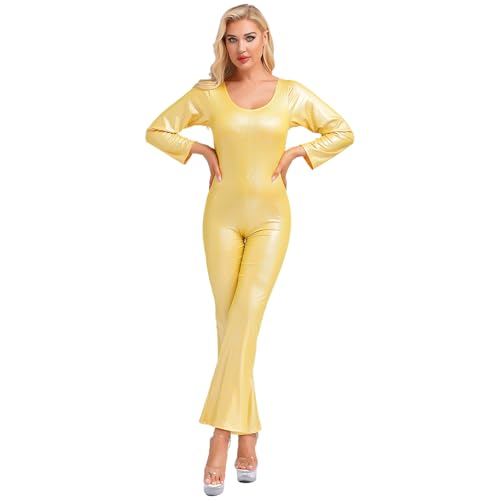 Nyeemya 70er Jahre Disco Kostüm Damen Overall Einteiler Jumpsuit Frauen Glänzende Metallic Tanzbody für Halloween Party Gold L von Nyeemya