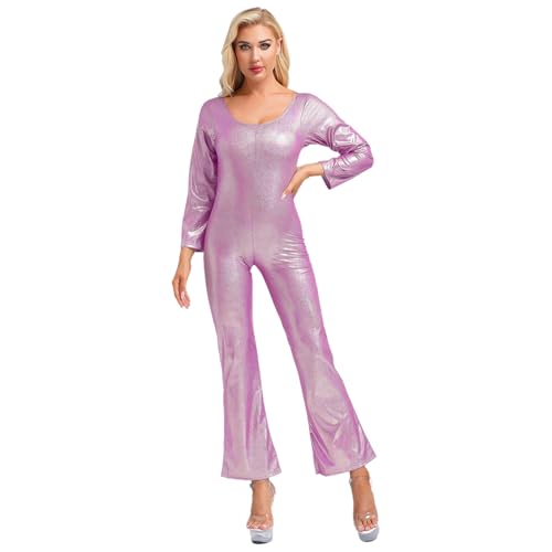 Nyeemya 70er Jahre Disco Kostüm Damen Overall Einteiler Jumpsuit Frauen Glänzende Metallic Tanzbody für Halloween Party Hot Pink L von Nyeemya