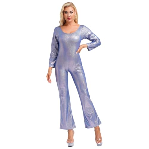 Nyeemya 70er Jahre Disco Kostüm Damen Overall Einteiler Jumpsuit Frauen Glänzende Metallic Tanzbody für Halloween Party Königsblau L von Nyeemya