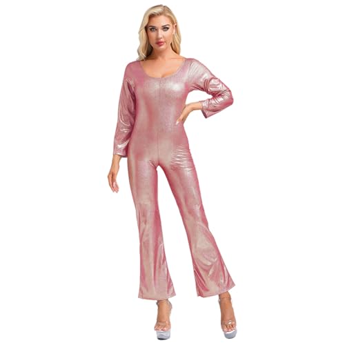 Nyeemya 70er Jahre Disco Kostüm Damen Overall Einteiler Jumpsuit Frauen Glänzende Metallic Tanzbody für Halloween Party Rot L von Nyeemya