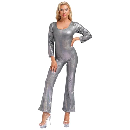 Nyeemya 70er Jahre Disco Kostüm Damen Overall Einteiler Jumpsuit Frauen Glänzende Metallic Tanzbody für Halloween Party Schwarz L von Nyeemya