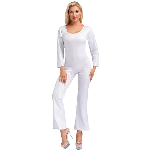 Nyeemya 70er Jahre Disco Kostüm Damen Overall Einteiler Jumpsuit Frauen Glänzende Metallic Tanzbody für Halloween Party Silber L von Nyeemya