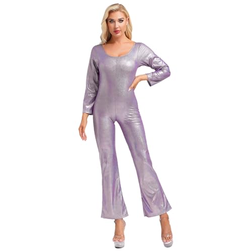 Nyeemya 70er Jahre Disco Kostüm Damen Overall Einteiler Jumpsuit Frauen Glänzende Metallic Tanzbody für Halloween Party Violett L von Nyeemya