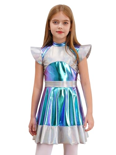 Nyeemya Astronaut Kostüm Mädchen Außerirdischer Rollenspiel Alien Kleid Metallic Kleid mit Space Kostüm Faschingskostüme Silber 170 von Nyeemya