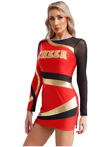 Nyeemya Cheer Leader Kostüm Damen Cheerleading UniformKleid Langarm Metallic Patchwork Bodycon Kleid Halloween Fasching Partykleid Rot M von Nyeemya