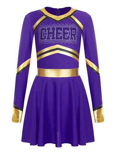 Nyeemya Cheer Leader Kostüm Mädchen Cheerleaderin Uniform Pailletten Langarm Tanzkleid Cheerleading Kostüm Karneval Fasching Party Dunkelviolett 158-164 von Nyeemya