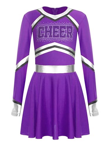 Nyeemya Cheer Leader Kostüm Mädchen Cheerleaderin Uniform Pailletten Langarm Tanzkleid Cheerleading Kostüm Karneval Fasching Party Violett 110-116 von Nyeemya